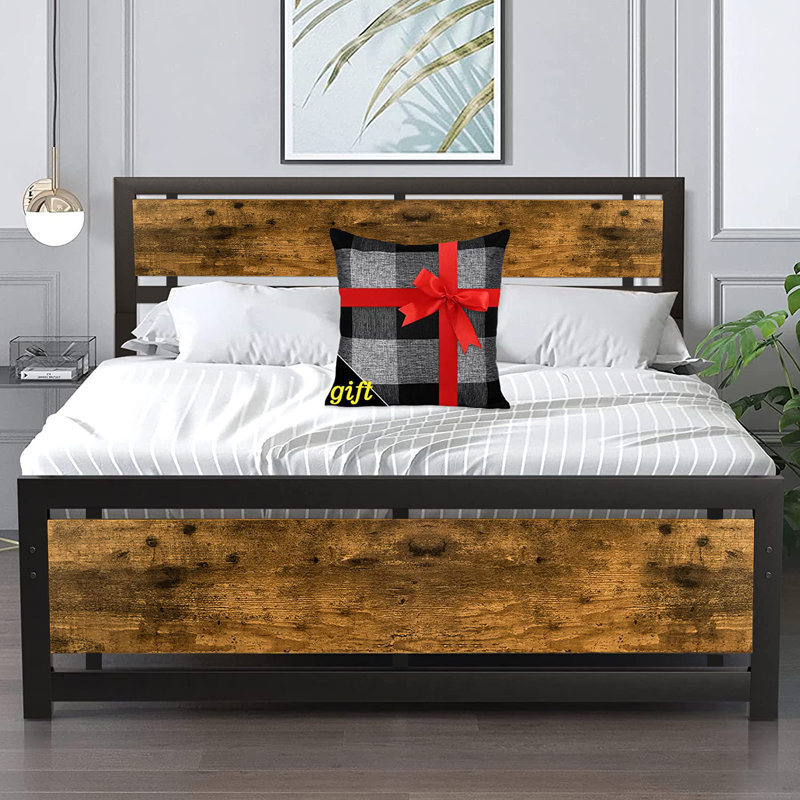 Honani Bed Frame with Headboard Strong Steel Slat Support 17 Stories Color Vintage Brown Size Full Double